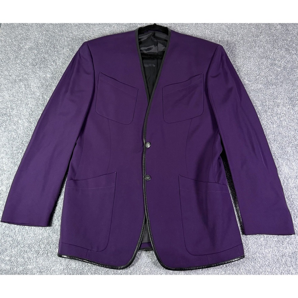 VTG Thierry Mugler Men's 52 (US 42) Purple Jacket Wool Blazer Leather Trim RARE